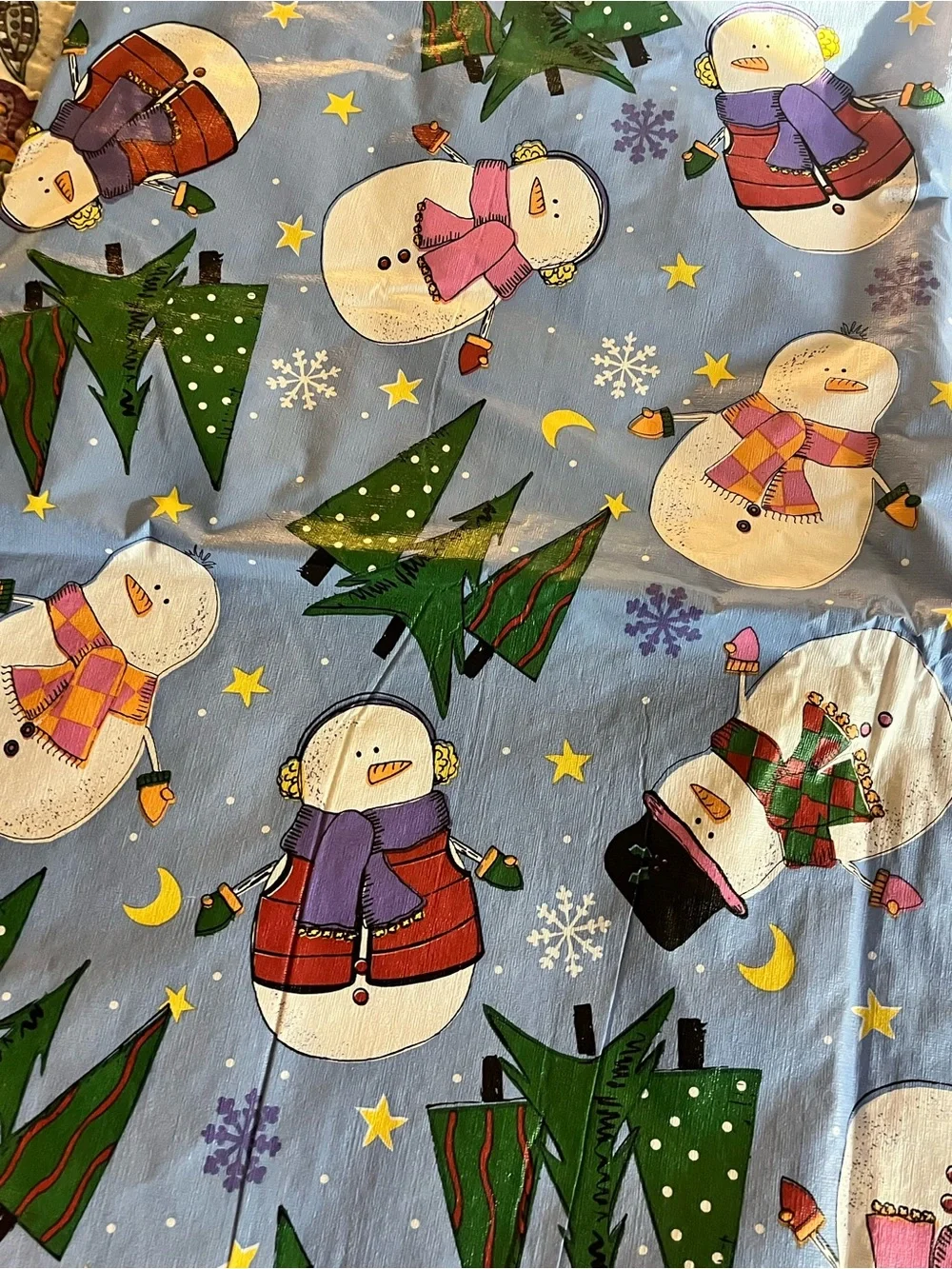 Vintage 90’s Christmas Tablecloth Snowmen Tree Blue 53x52 Xmas Textile